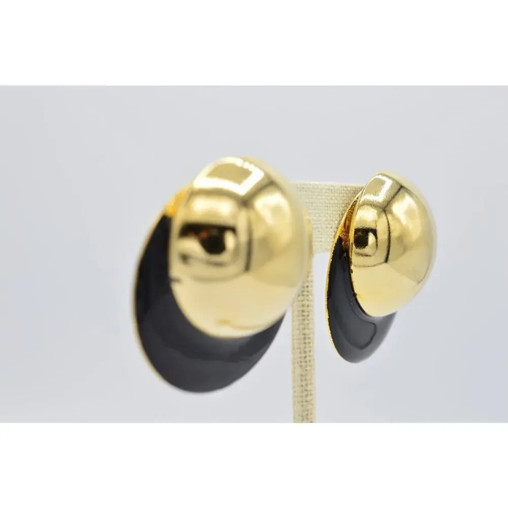 Vintage Post Round Earrings Black Enamel Shiny Gold Chunky Metal NOS 1980s BinAA